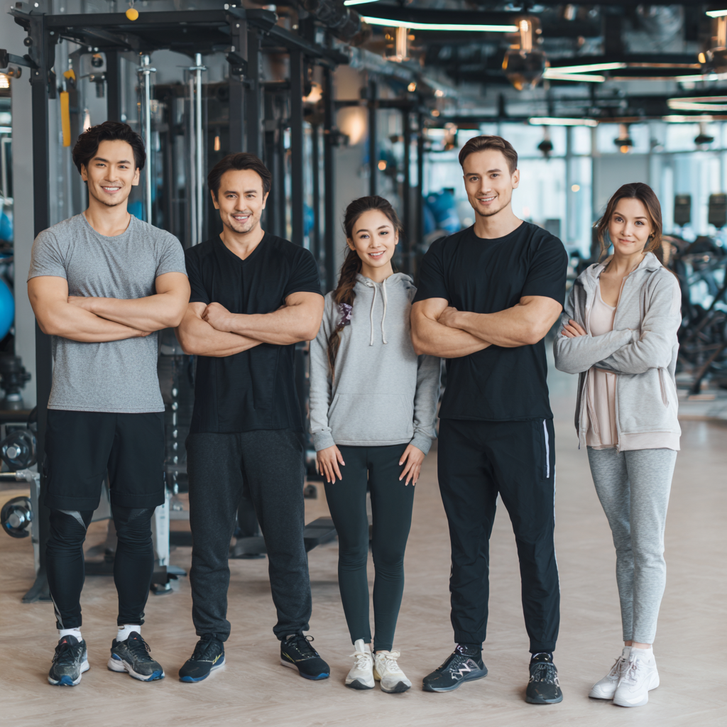 Smiling Kazakh adults of various ages engaging in group fitness activities in a modern gym setting
