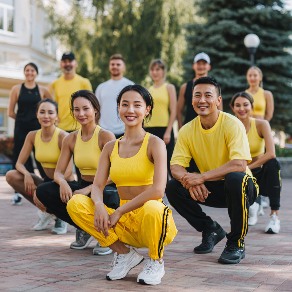 Diverse group of smiling Kazakh adults practicing yoga and stretching exercises in a bright, modern studio
