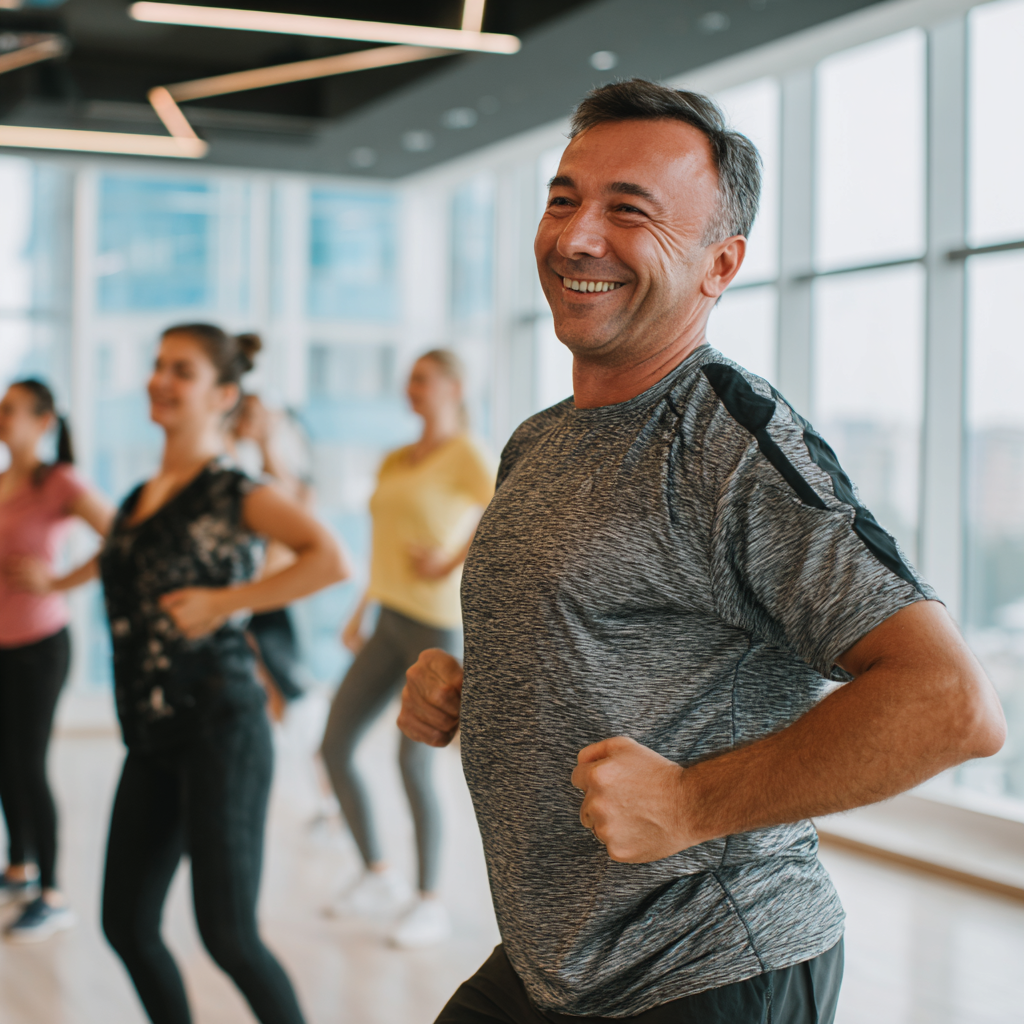 Happy Kazakh adults of different ages relaxing after workout, stretching and drinking water in a peaceful gym environment